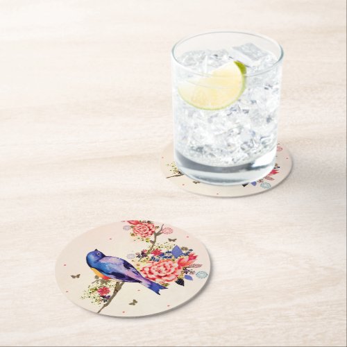 Gold Blue Bird Red Floral Butterfly Glitter Round Paper Coaster