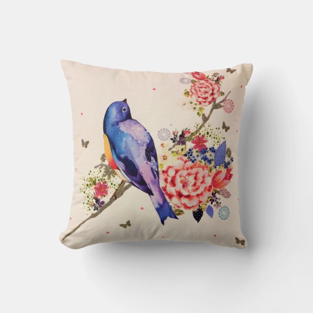 Gold Blue Bird Red Floral Butterfly Glitter Throw Pillow (Front)