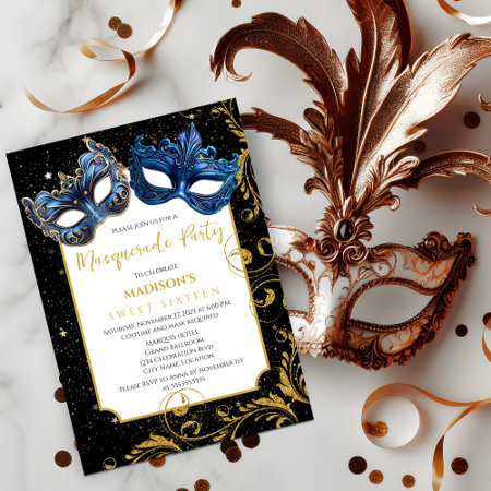 Gold Blue Birthday Masquerade Party Invitation