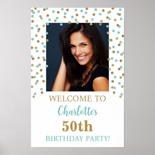 Gold Blue Birthday Party Custom 12x18 Photo Poster