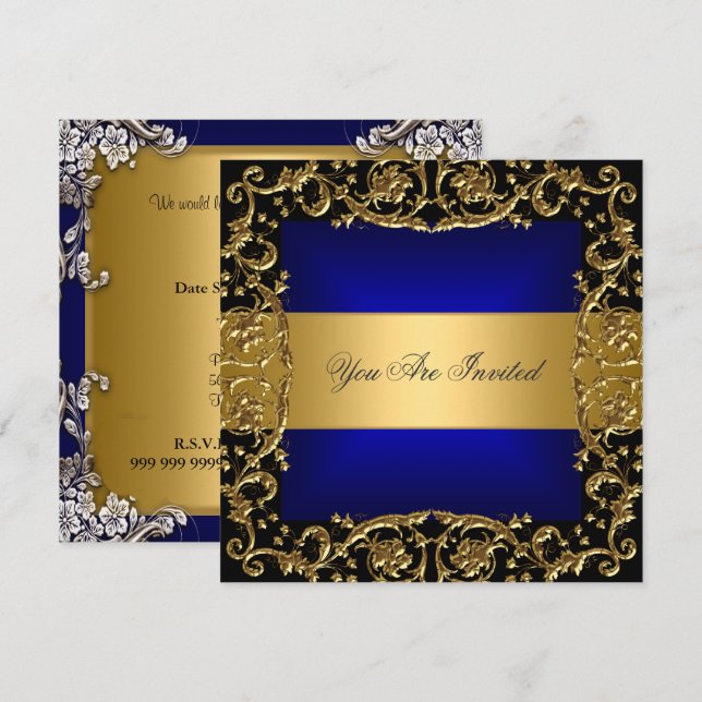Gold Blue Birthday Party Invitation (Front/Back)