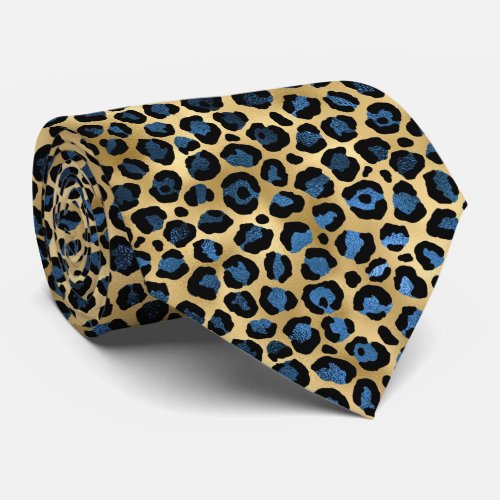 GOLD BLUE BLACK LEOPARD MENS TIE