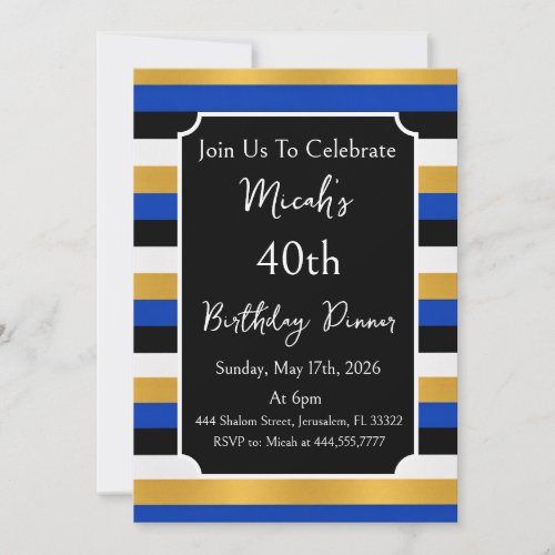 Gold Blue Black White Lines, Modern Stylish Chic Invitation