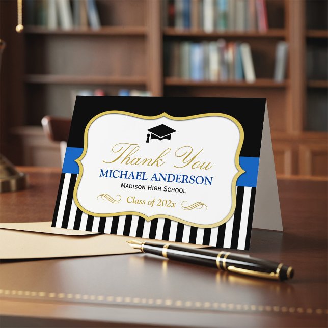 Gold Blue Black White Stripes Graduation Thank You Card (Creator Uploaded)
