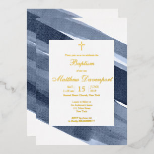 Gold Blue Boy Baptism  Foil Invitation