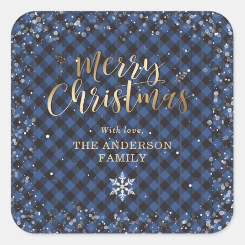 Gold Blue Buffalo Plaid Snowflake Christmas Square Sticker