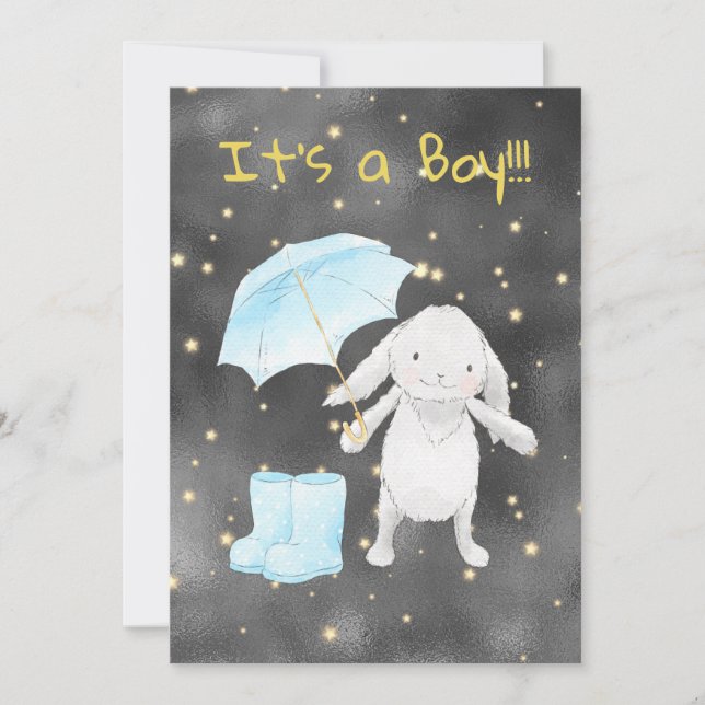 *~* Gold Blue Bunny Umbrella Shower Invitation (Front)