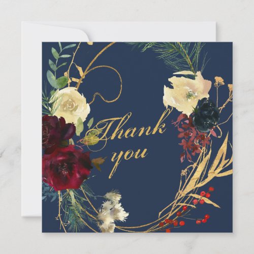 Gold Blue Burgundy Watercolor Floral Wreath Weddin Thank You Card