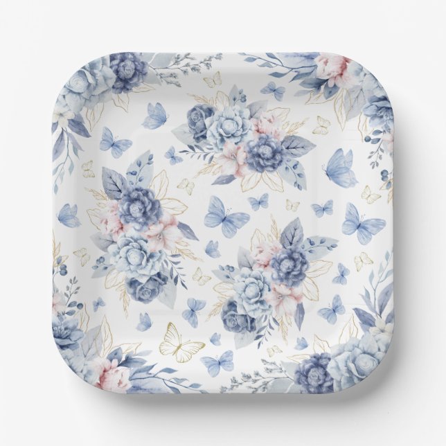 Gold & Blue Butterflies Boy Baby Shower Paper Plates (Front)