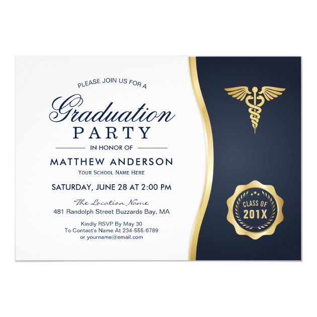 Gold Blue Caduceus Medical School Graduation Party Card