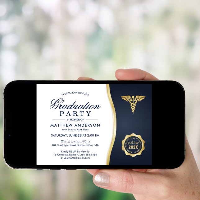 Gold Blue Caduceus Medical School Graduation Party Invitation (Front Digital)