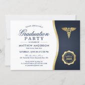 Gold Blue Caduceus Medical School Graduation Party Invitation (Front)