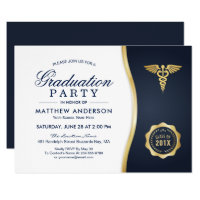 Gold Blue Caduceus Medical School Graduation Party Invitation