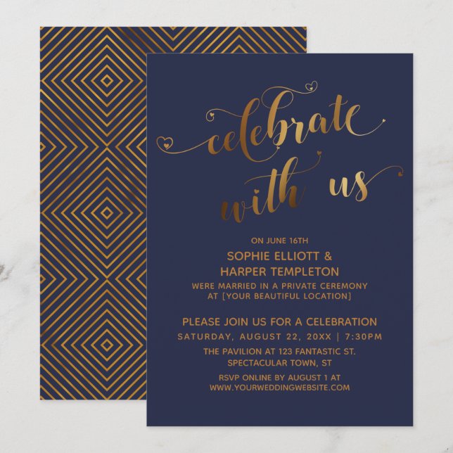 Gold Blue Celebrate with Us Post-Wedding Event Invitation (Front/Back)