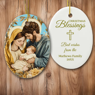 Gold Blue Christian Holy Family Christmas Ceramic Ornament