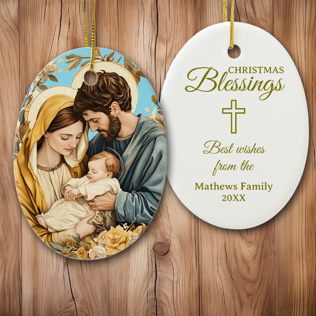 Gold Blue Christian Holy Family Christmas Ceramic Ornament (Creator Uploaded)