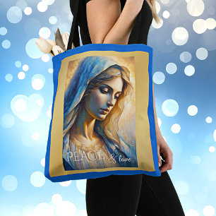 Gold Blue Christian Virgin Mary Tote Bag