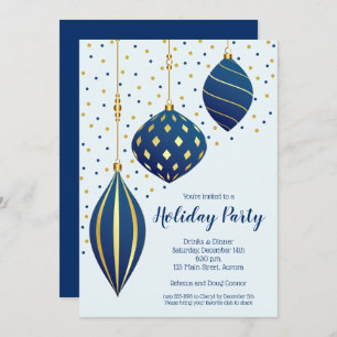 Gold Blue Christmas Ornaments Holiday Invitations