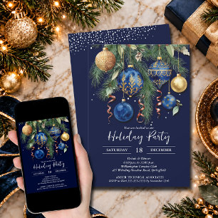 Gold & Blue Christmas Ornaments Party Invitation