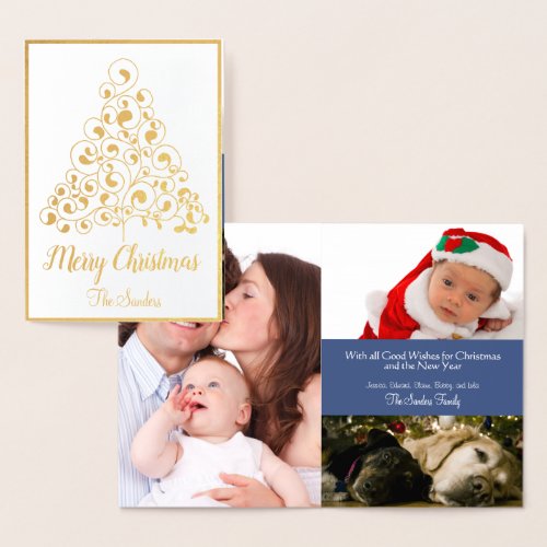 Gold Blue Christmas Tree Holiday Photo Collage Foil Card
