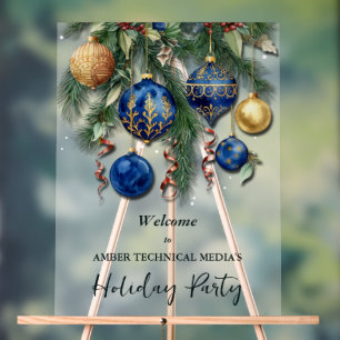 Gold & Blue Christmas Tree Ornaments Holiday Party Acrylic Sign