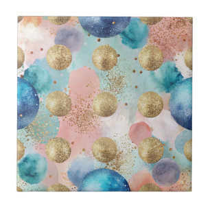 Gold & Blue Circle Pattern with Glitter Accents Ceramic Tile