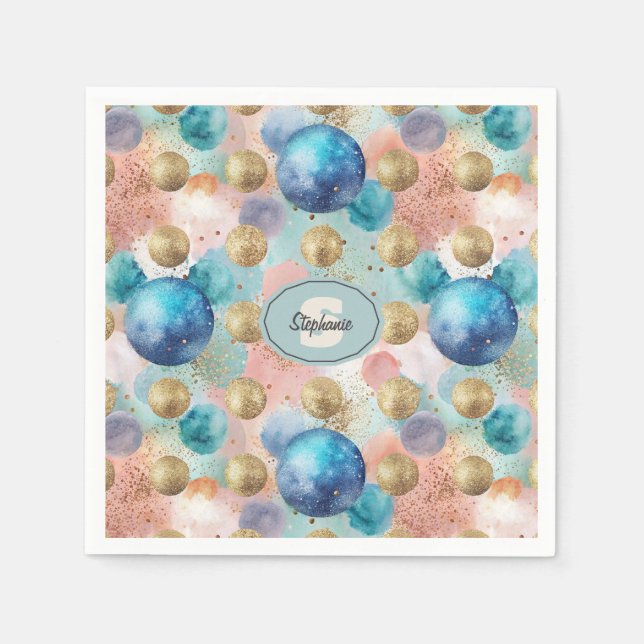 Gold & Blue Circle Pattern with Glitter Accents Napkins (Front)