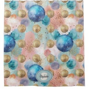 Gold & Blue Circle Pattern with Glitter Accents Shower Curtain