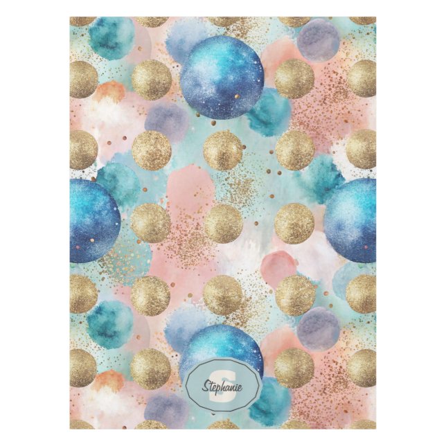 Gold & Blue Circle Pattern with Glitter Accents Tablecloth (Front)