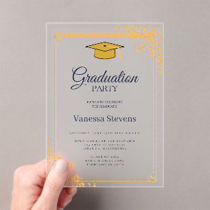 Gold Blue Classic Graduation Cap Party Acrylic Invitations