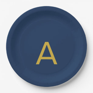 Gold & Blue Color Monogram Professional Initial Paper Plates