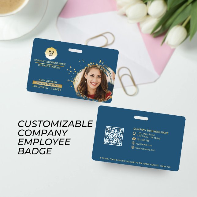 Gold & Blue Company Employee QR Code, Photo & Logo Badge (Creator Uploaded)