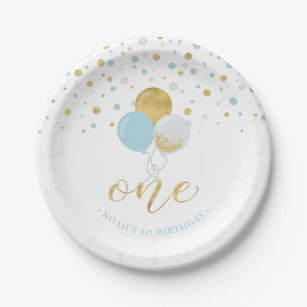 Gold & Blue Confetti Balloons 1st Birthday Party Paper Plates