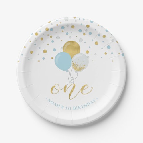 Gold  Blue Confetti Balloons 1st Birthday Party Paper Plates