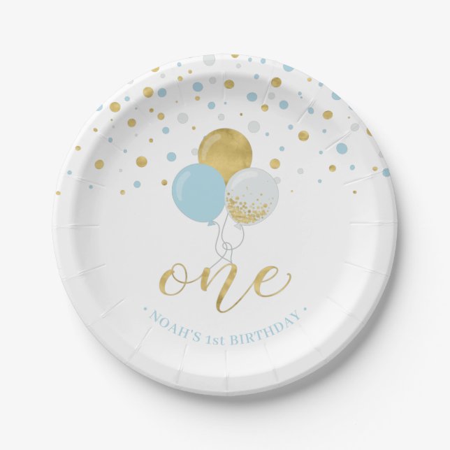 Gold & Blue Confetti Balloons 1st Birthday Party Paper Plates (Front)