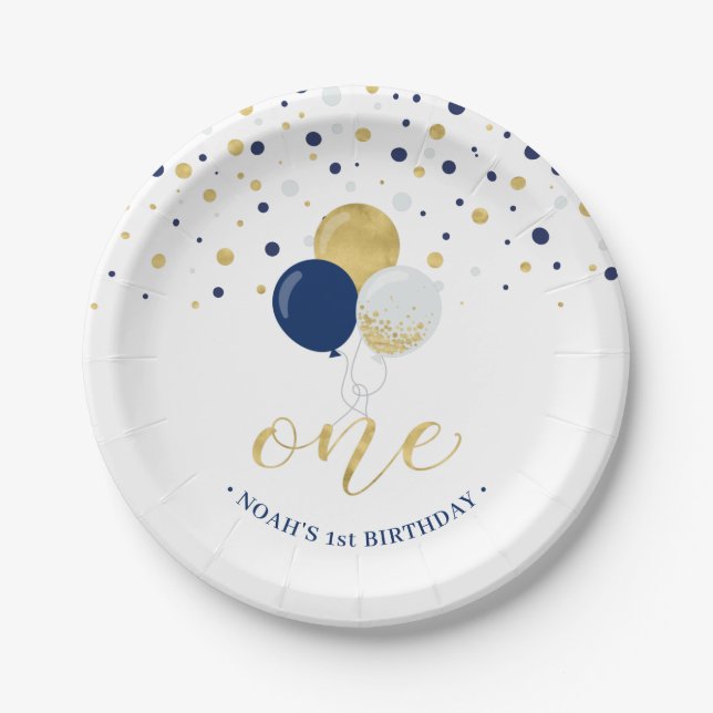 Gold & Blue Confetti Balloons 1st Birthday Party Paper Plates (Front)