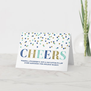 Gold Blue Confetti Christmas Son & Daughter in Law Holiday Card