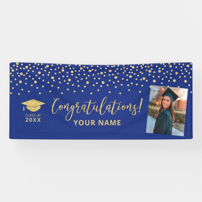 Gold & Blue Confetti Congratulation Graduation Banner (Horizontal)