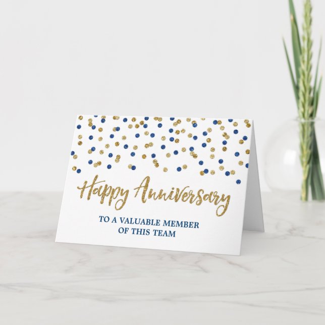 Gold Blue Confetti Employee Anniversary Card (Front)