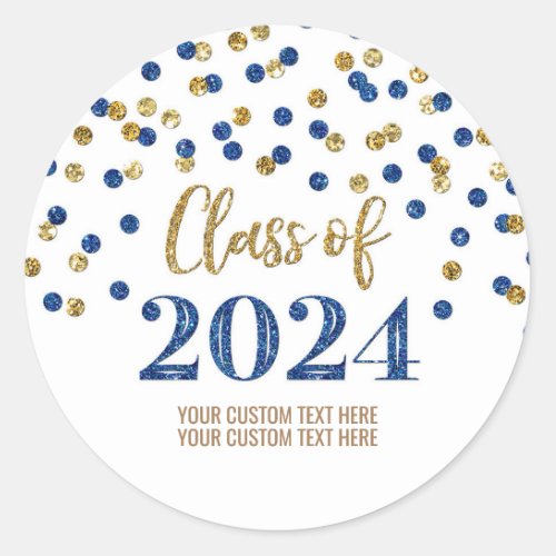 Gold Blue Confetti Graduation 2024 Classic Round Sticker