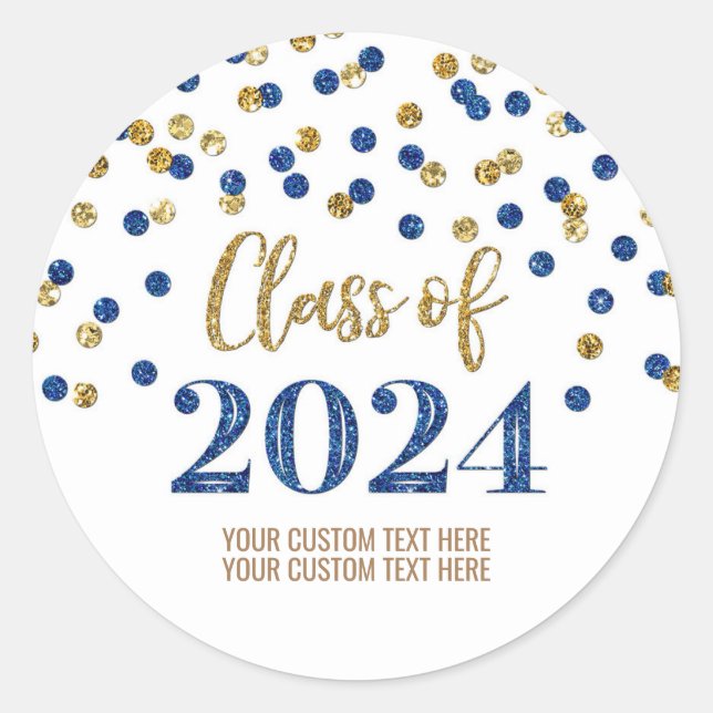 Gold Blue Confetti Graduation 2024 Classic Round Sticker (Front)