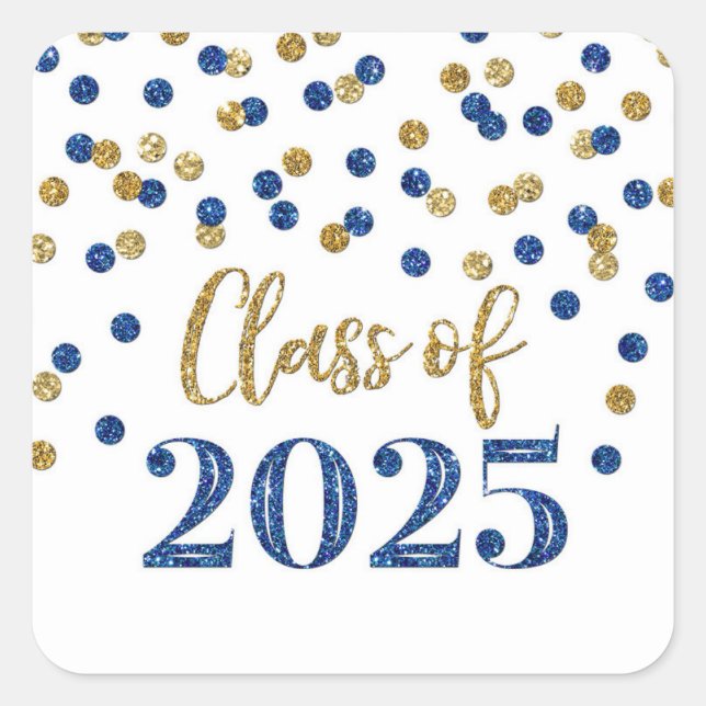 Gold Blue Confetti Graduation 2025 Square Sticker (Front)