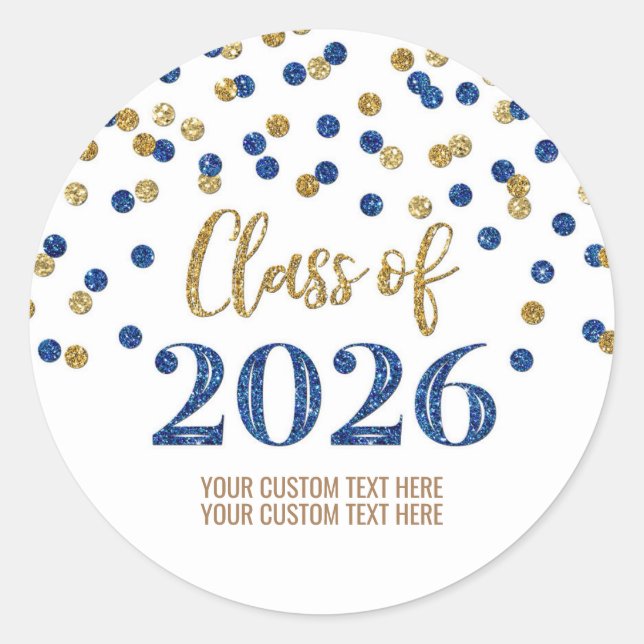 Gold Blue Confetti Graduation 2026 Classic Round Sticker (Front)