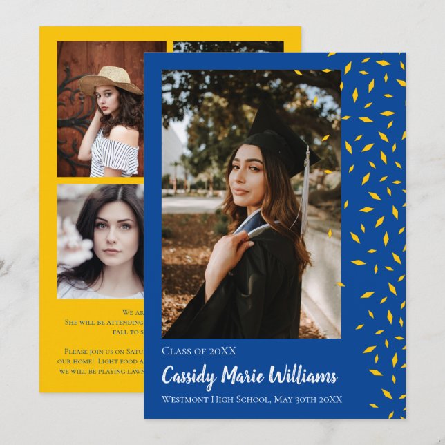 Gold Blue Confetti Graduation Announcement (Front/Back)