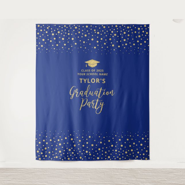Gold & Blue Confetti | Graduation Party Backdrop (Front)