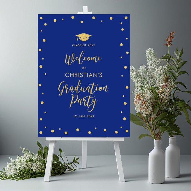 Gold & Blue Confetti Graduation Party Welcome Foam Board (Creator Uploaded)