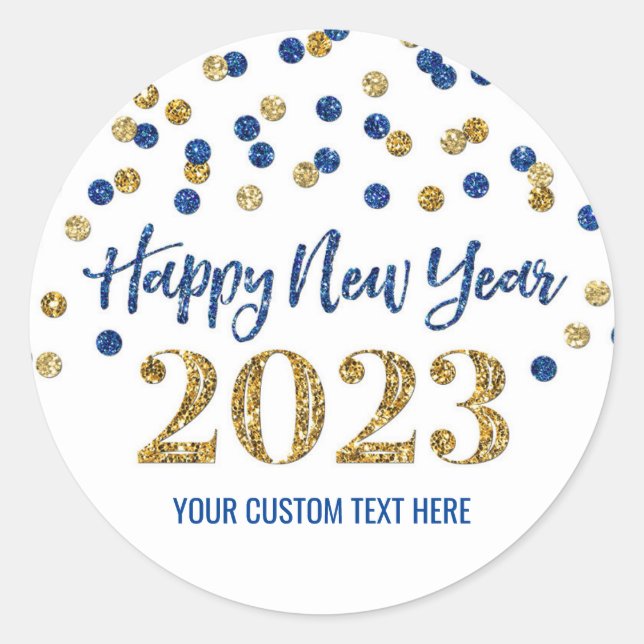 Gold Blue Confetti Happy New Year 2023  Classic Round Sticker (Front)