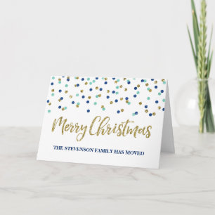 Gold Blue Confetti Merry Christmas New Address Holiday Card