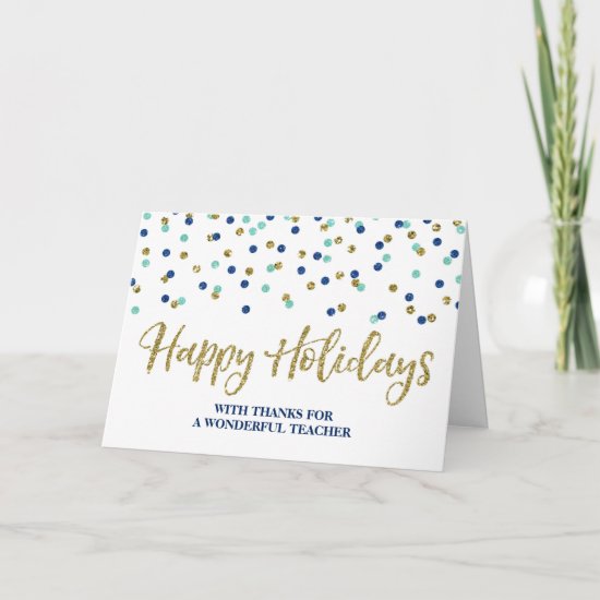 Gold Blue Confetti Teacher Christmas Card