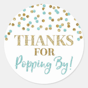 Gold Blue Confetti Thanks for Popping By Classic Round Sticker